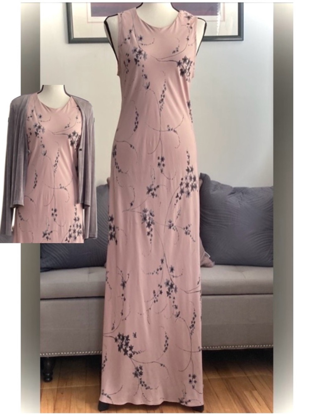 NWOT Vintage bias cut Rose pink/Grey floral print maxi w/jacket, 10, Citi Dress